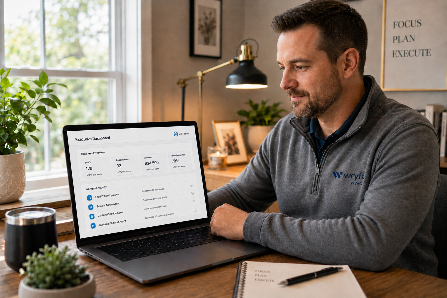 HVAC business owner reviewing the AI agent dashboard on a laptop
