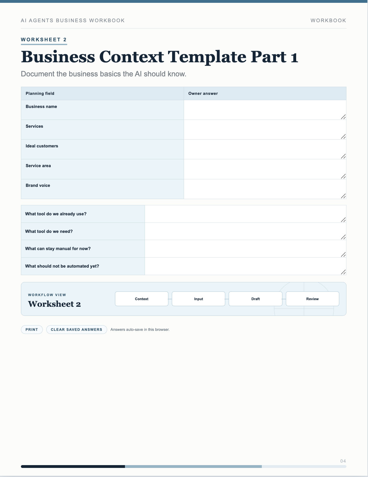 Business Context Template worksheet from the HVAC AI Agents workbook